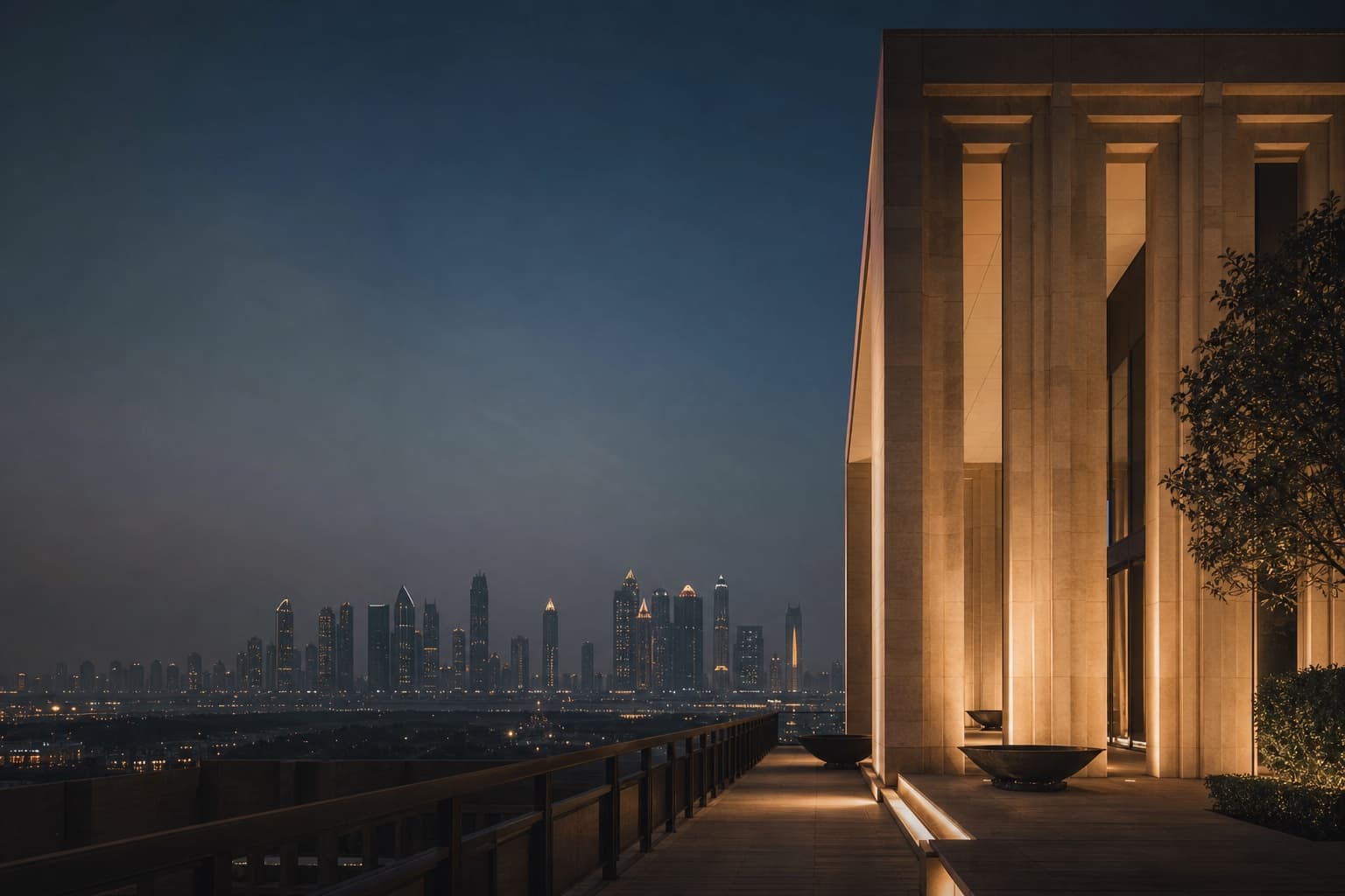 Contemporary Dubai architecture at blue hour overlooking the city